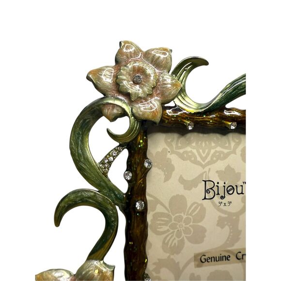Bijou Genuine Crystal Floral Enameled Picture Frame 3” x 3” NEW - Picture 5 of 6